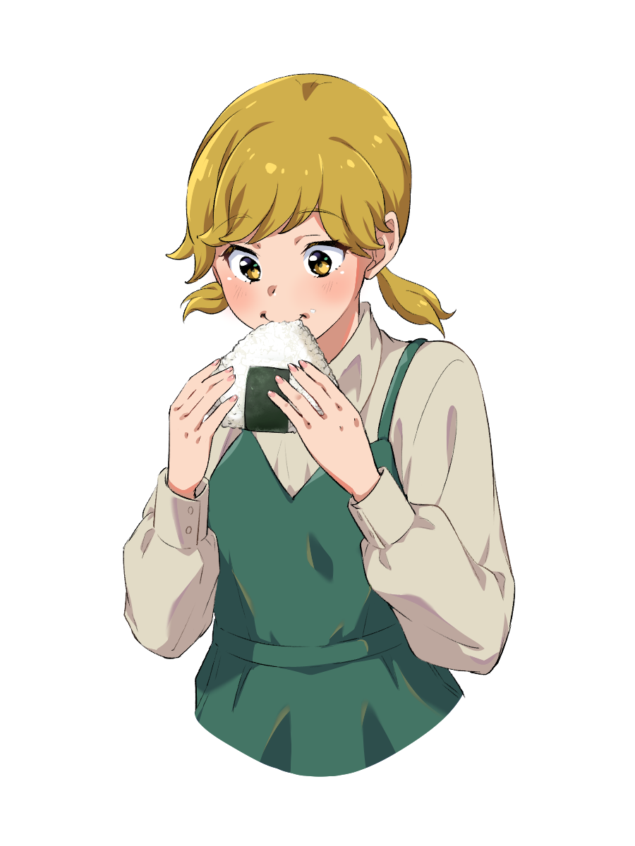 1girl, blonde_hair, blush, dress, eating, edomon-do, food, green_dress