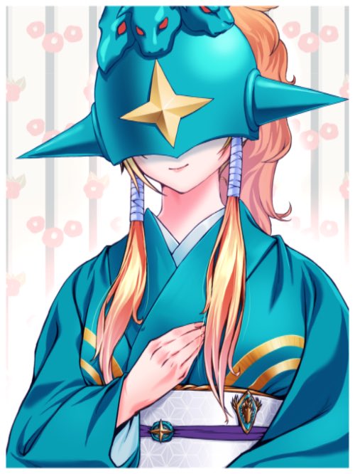 1girl, badge, blonde_hair, button_badge, commentary_request, covered_eyes, digimon, gerusyu, green_kimono, helmet, high_ponytail, japanese_clothes, kimono, long_hair, ofanimon, smile, solo, upper_body