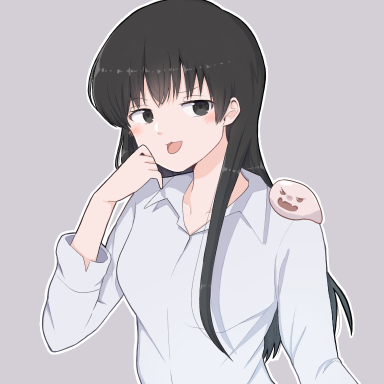 1girl, black_eyes, black_hair, blush, collared_shirt, grey_background, kuroha_(mona_lisa_no_zaregoto), long_hair