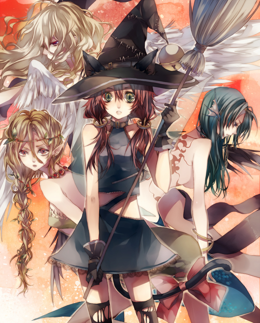 angel, angel_wings, animal_ears, bad_id, blonde_hair, blue_hair, bracelet, broom