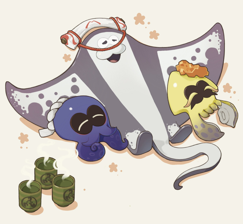1boy, 2girls, ^_^, alternate_form, big_man_(splatoon), blue_skin, closed_eyes, closed_mouth