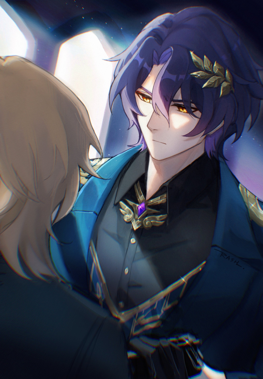 1923rash, 2boys, :|, absurdres, aiming, aventurine_(honkai:_star_rail), black_gloves, black_shirt