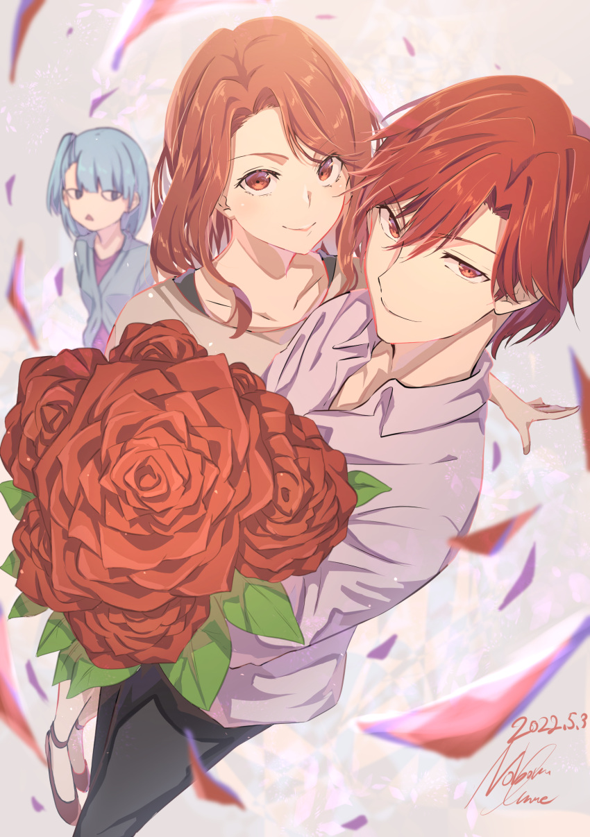 1boy, 2girls, absurdres, black_pants, blue_hair, blue_jacket, bouquet, closed_mouth