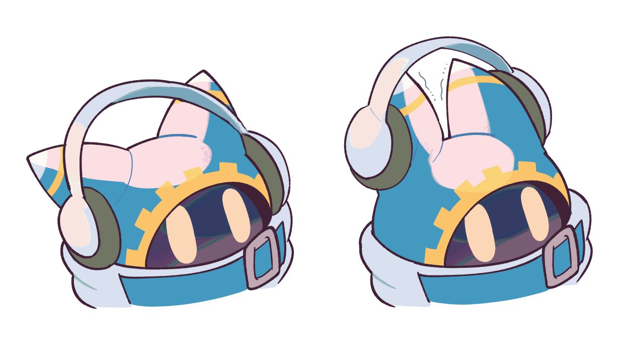 1boy, belt, black_skin, colored_skin, commentary_request, headphones, kirby's_return_to_dream_land, kirby_(series), magolor, multiple_views, ni_re, no_humans, simple_background, white_background, yellow_eyes