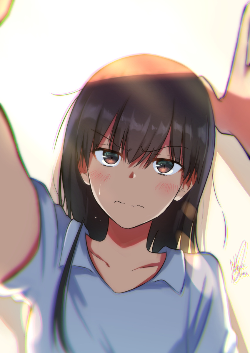 1girl, 1other, black_eyes, black_hair, blue_shirt, blush, closed_mouth, collarbone