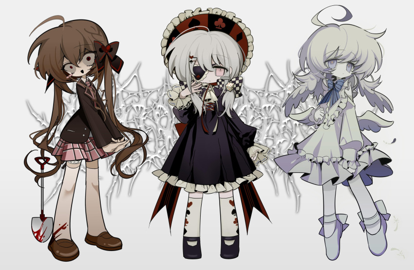 3girls, absurdres, black_footwear, blood, blood_on_leg, blood_on_shovel, blue_bow, blue_eyes, blush_stickers, bow, brown_hair, brown_jacket, colored_skin, dress, eyepatch, frilled_dress, frills, full_body, hair_wings, headdress, highres, jacket, long_hair, meyou_0319, multicolored_clothes, multicolored_headwear, multiple_girls, necktie, open_mouth, original, pink_eyes, pink_necktie, pink_skirt, school_uniform, shovel, skirt, small_pupils, standing, white_background, white_dress, white_hair, white_skin