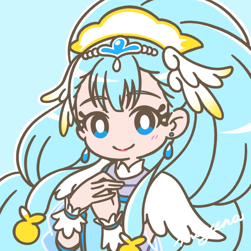1girl, blue_background, blue_eyes, blue_hair, blush, bright_pupils, closed_mouth, cure_ange