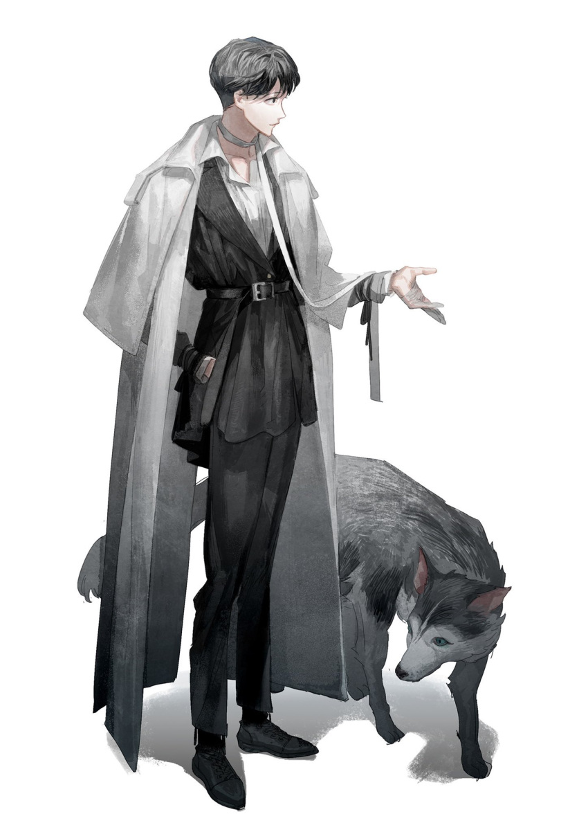 1boy, androgynous, animal, belt, black_footwear, black_jacket, black_pants, black_socks