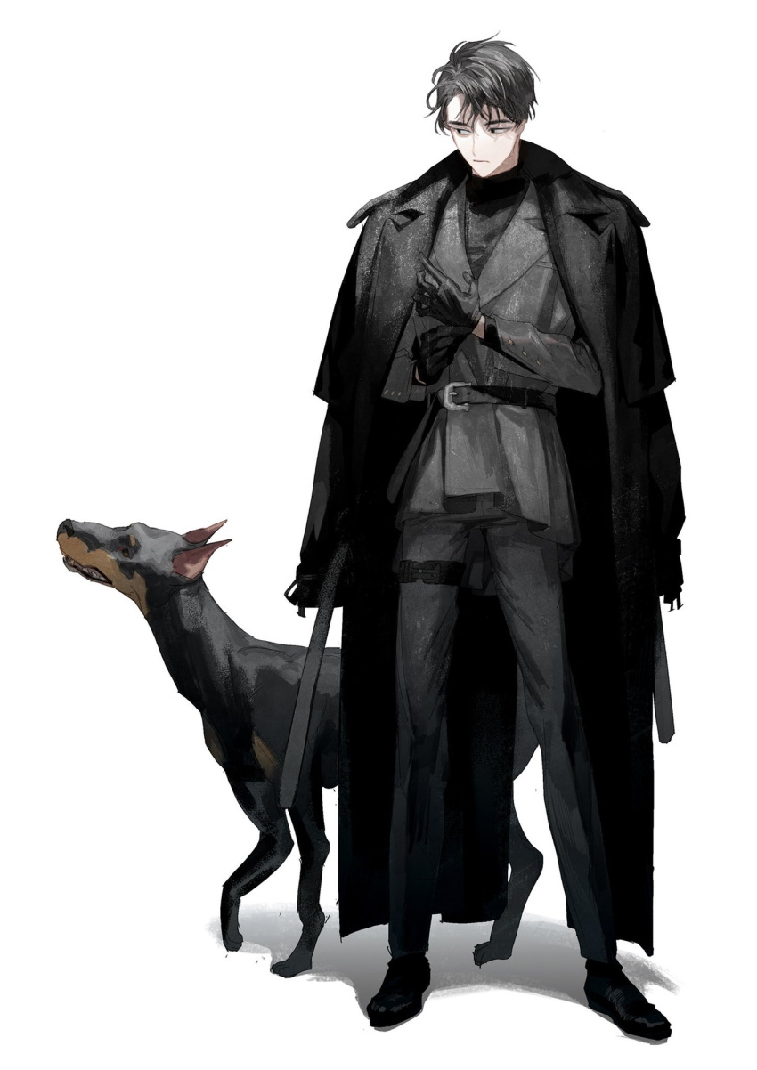 1boy, adjusting_clothes, adjusting_gloves, animal, belt, black_cloak, black_footwear, black_gloves