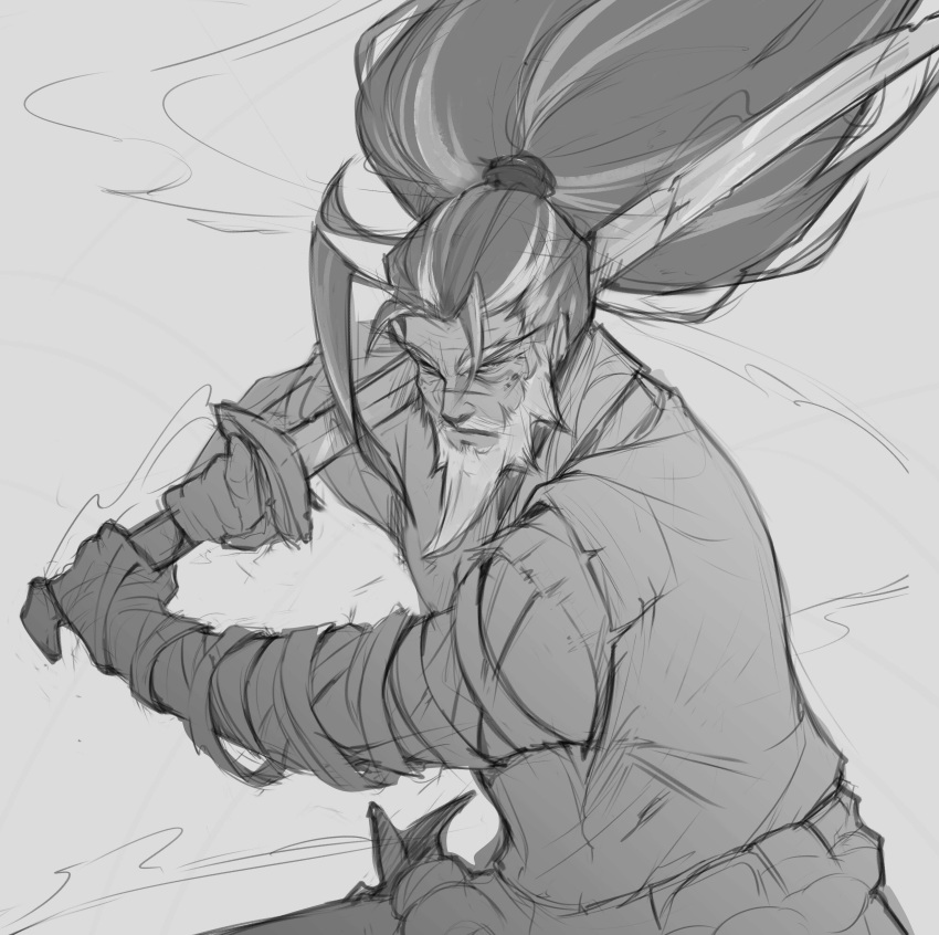 1boy, absurdres, annacchii, bandaged_arm, bandages, beard, closed_mouth, facial_hair, greyscale, hair_up, highres, holding, holding_sword, holding_weapon, league_of_legends, long_hair, monochrome, official_alternate_costume, ponytail, scar, scar_on_face, scar_on_nose, solo, sword, upper_body, weapon, yasuo_(league_of_legends)