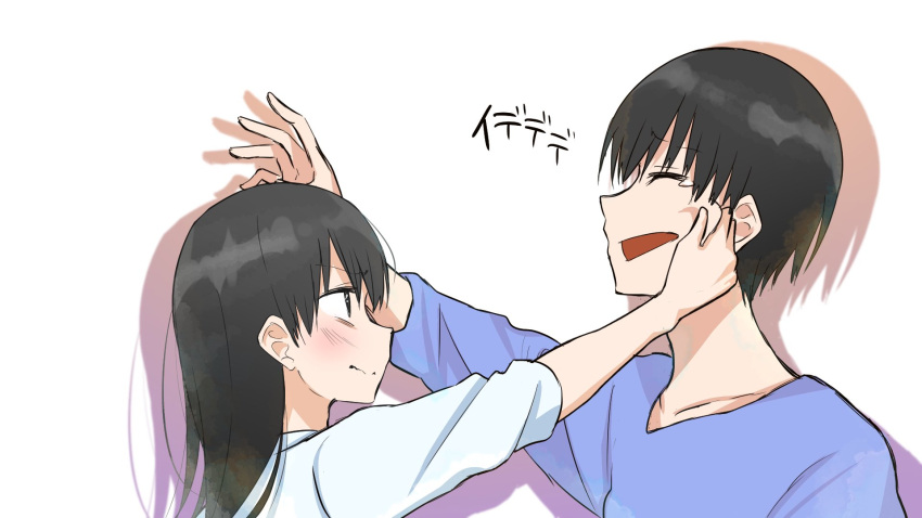 1boy, 1girl, black_eyes, black_hair, blue_shirt, closed_eyes, from_side, gen_(mona_lisa_no_zaregoto)