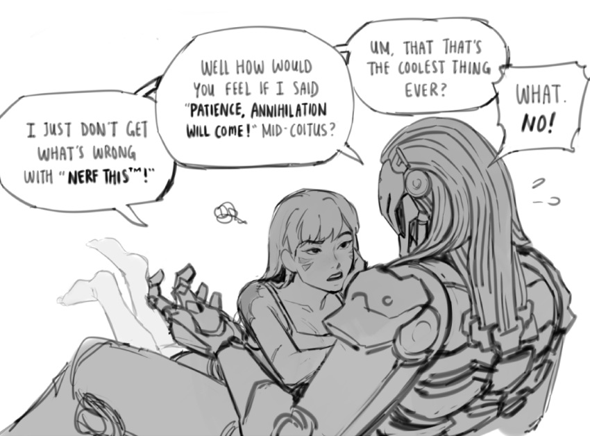 1boy, 1girl, barefoot, camisole, commentary, couple, d.va_(overwatch), english_commentary