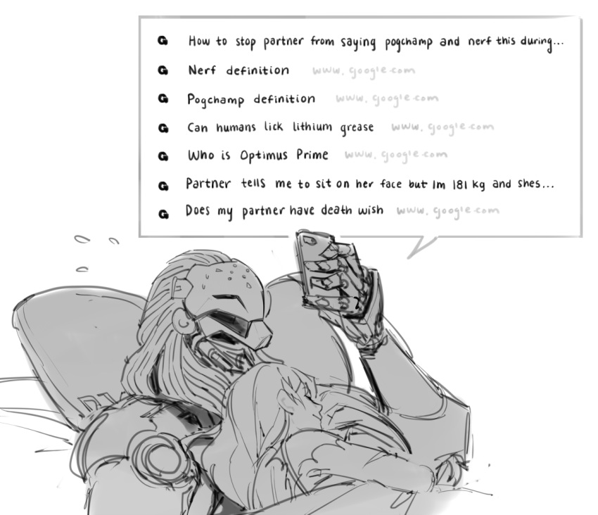 1boy, 1girl, burn_scar, cellphone, commentary, couple, d.va_(overwatch), english_commentary