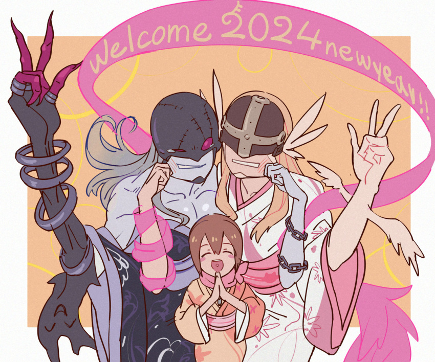2024, 3girls, angewomon, bare_shoulders, blonde_hair, blush_stickers, breasts, cheek_pinching, claws, closed_eyes, colored_skin, covered_eyes, digimon, digimon_(creature), digimon_adventure, futa_yuri_ryona, grey_hair, grey_skin, heart, heart_in_mouth, highres, japanese_clothes, kimono, ladydevimon, large_breasts, long_hair, multiple_girls, own_hands_clasped, own_hands_together, pinching, red_eyes, ribbon, short_hair, simple_background, tearing_up, v, yagami_hikari