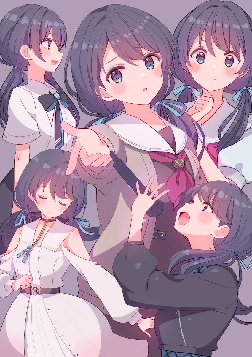 1girl, absurdres, black_hair, blush, closed_eyes, commentary, cream_(nipakupa), grey_background