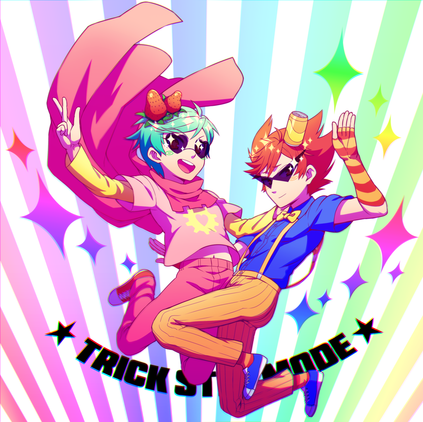 2boys, blue_footwear, blue_shirt, bow, bowtie, can, cape, chromatic_aberration