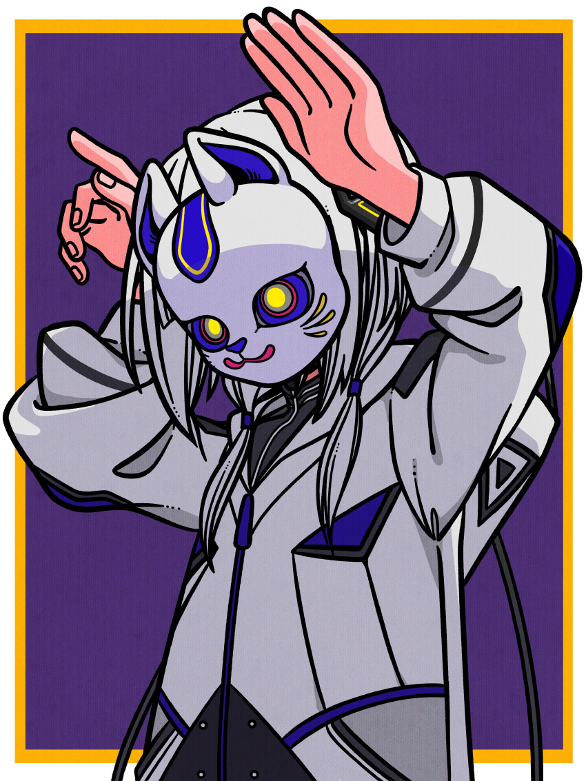 1girl, absurdres, arms_up, border, commentary_request, covered_face, diamond_hair_ornament, facing_viewer, fox_mask, hair_over_shoulder, highres, hood, hood_down, hooded_jacket, index_finger_raised, jacket, kafu_(cevio), kamitsubaki_studio, long_hair, long_sleeves, low_twintails, mask, outside_border, phony_(cevio), purple_background, rabbit_pose, solo, tadano_tajima, turtleneck, twintails, upper_body, white_border, white_hair, white_jacket, yellow_border