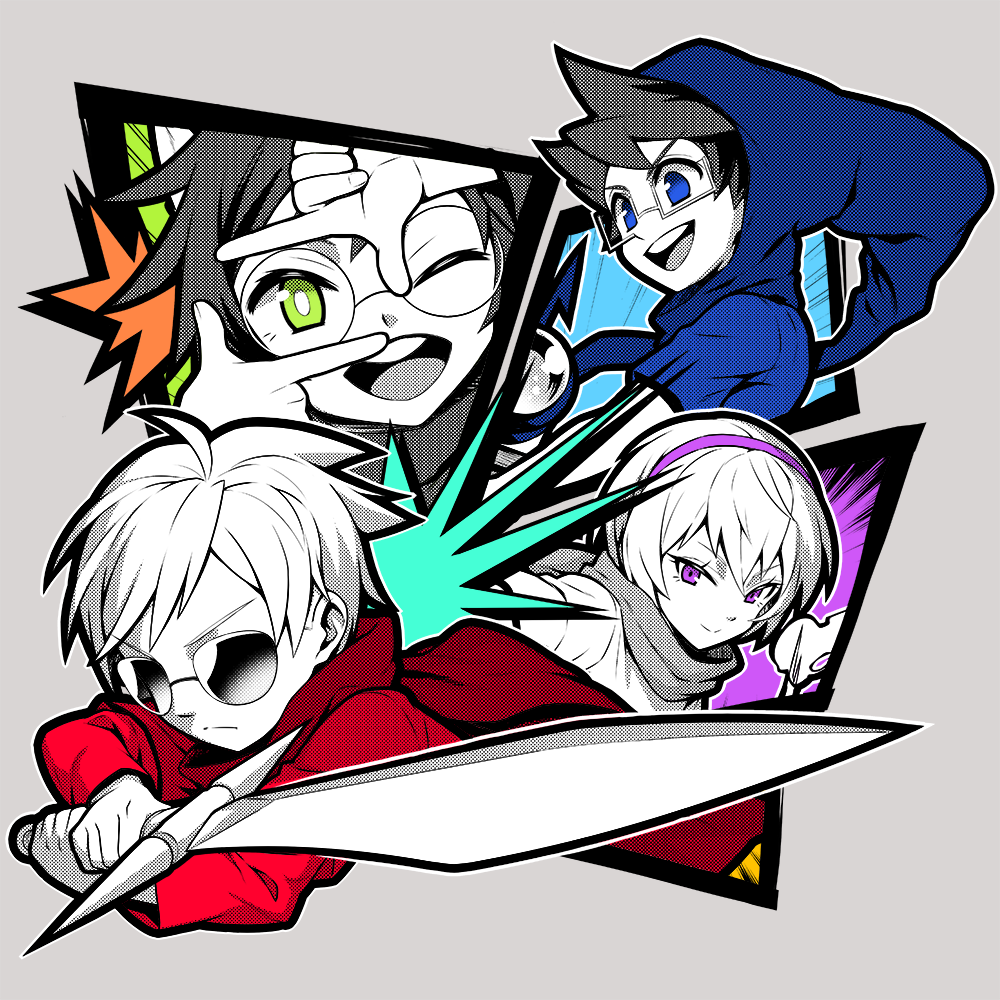 2boys, 2girls, animal_ears, black_hair, blue_eyes, blue_hood, blue_shirt, buck_teeth
