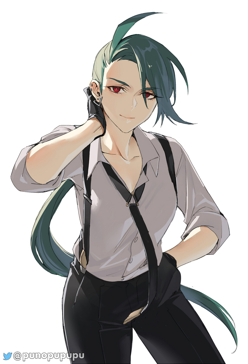 1girl, black_gloves, black_necktie, black_pants, closed_mouth, collarbone, collared_shirt, commentary_request