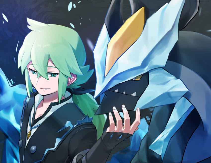 black_kyurem, colored_sclera, dragon, green_eyes, green_hair, kyurem, male_focus, n_(pokemon)