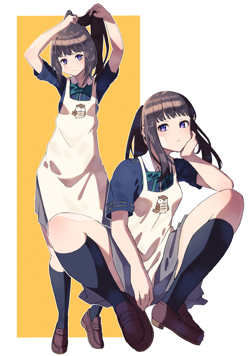 1girl, absurdres, apron, arms_up, bird, black_socks, blue_shirt, bow