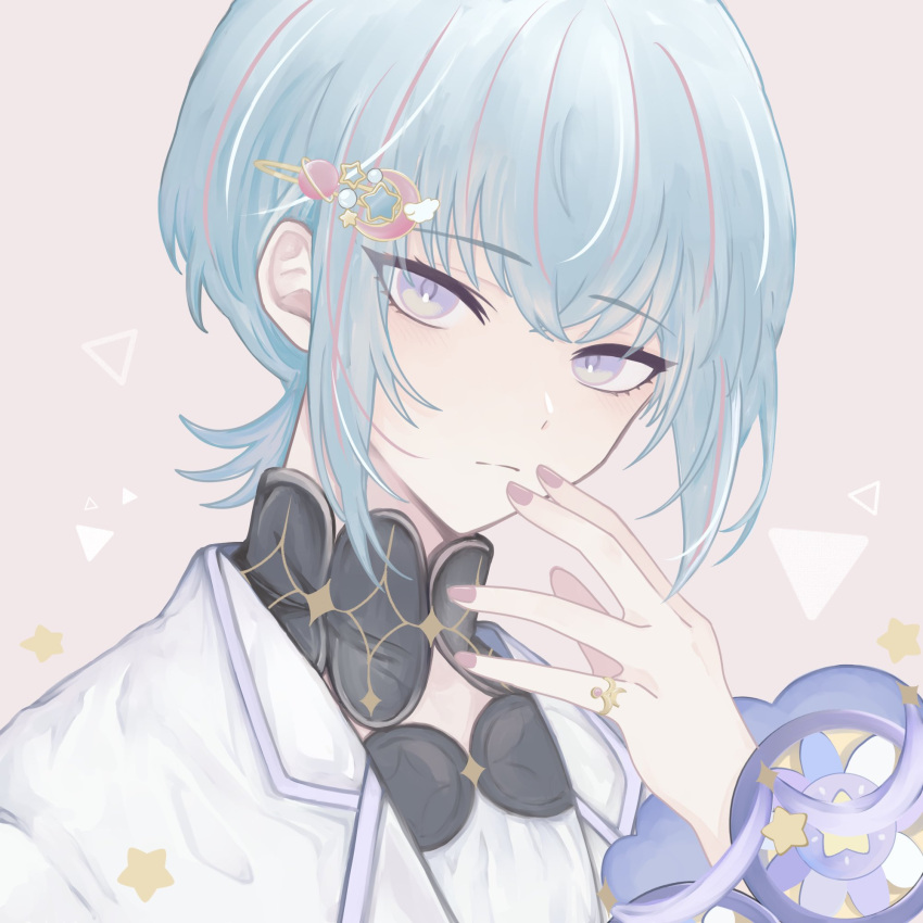 1boy, androgynous, blue_hair, brown_background, closed_mouth, expressionless, fragaria_memories, highres