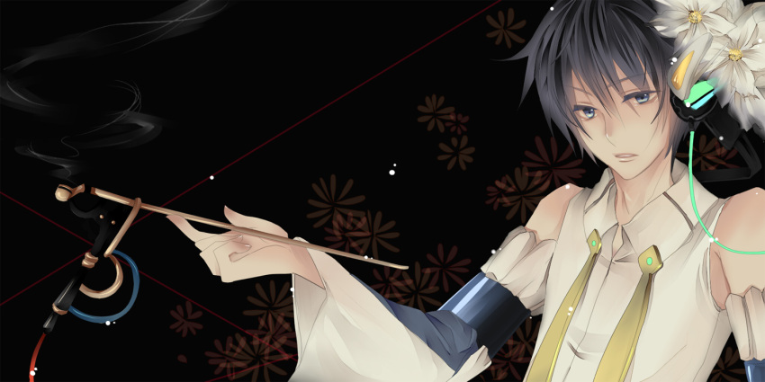 black_hair, blue_eyes, detached_sleeves, flower, headphones, jikei, kaito, male, short_hair, smoking, solo, vocaloid, yume_kakeuta_(vocaloid)