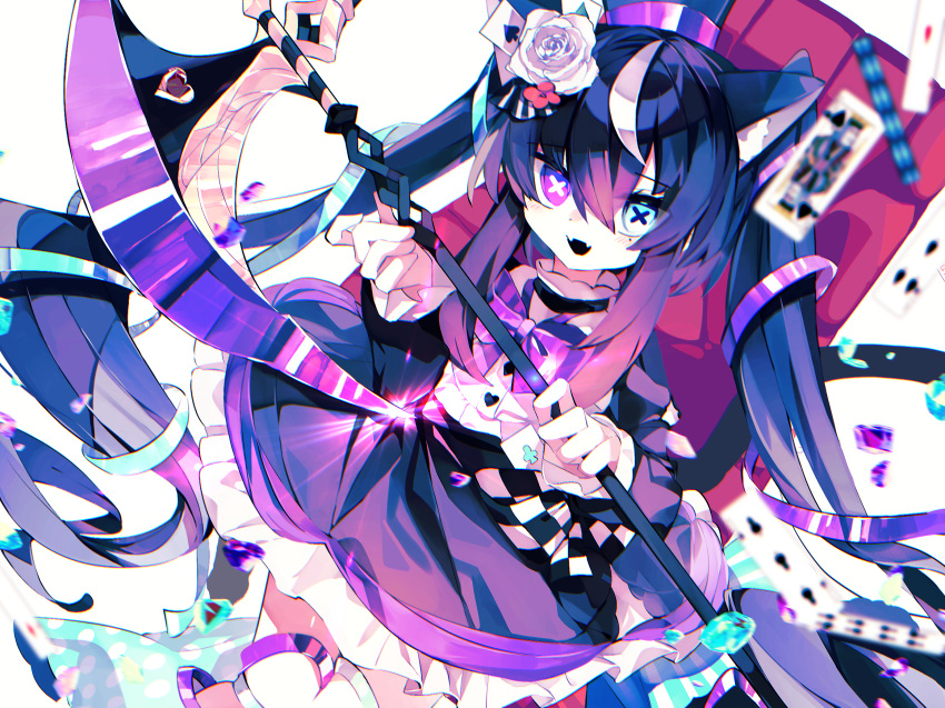 1girl, ace_(playing_card), ace_of_hearts, animal_ears, aqua_eyes, axe, black_hair, blurry