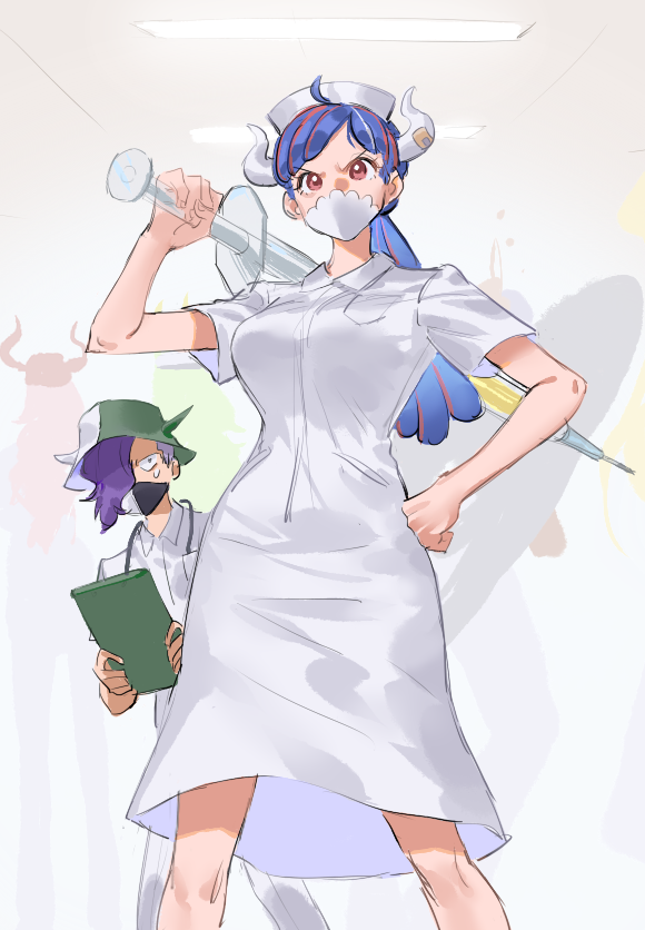 1boy, 1girl, ahoge, alternate_costume, bandaid_on_horn, blue_hair, brother_and_sister, clipboard