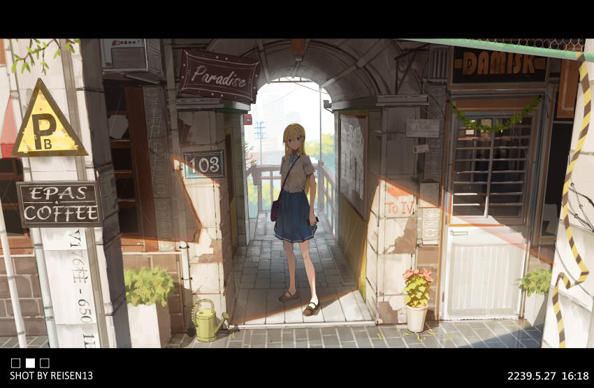 1girl, absurdres, artist_name, black_footwear, blonde_hair, blue_ribbon, blue_skirt, brick_floor