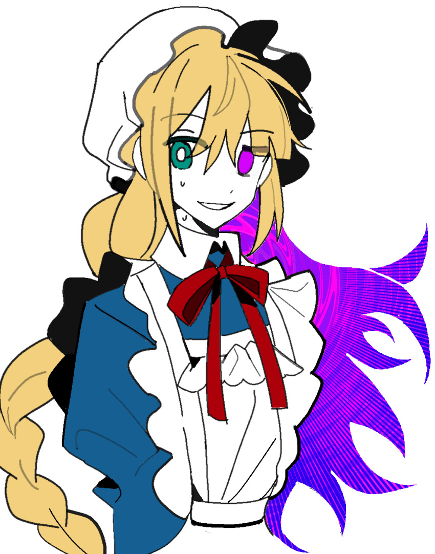 1girl, apron, blonde_hair, blue_dress, blue_sleeves, braid, collar, collared_dress