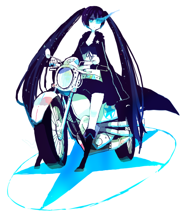black_hair, black_rock_shooter, black_rock_shooter_(character), glowing, glowing_eyes, hot_pants, long_hair, motor_vehicle