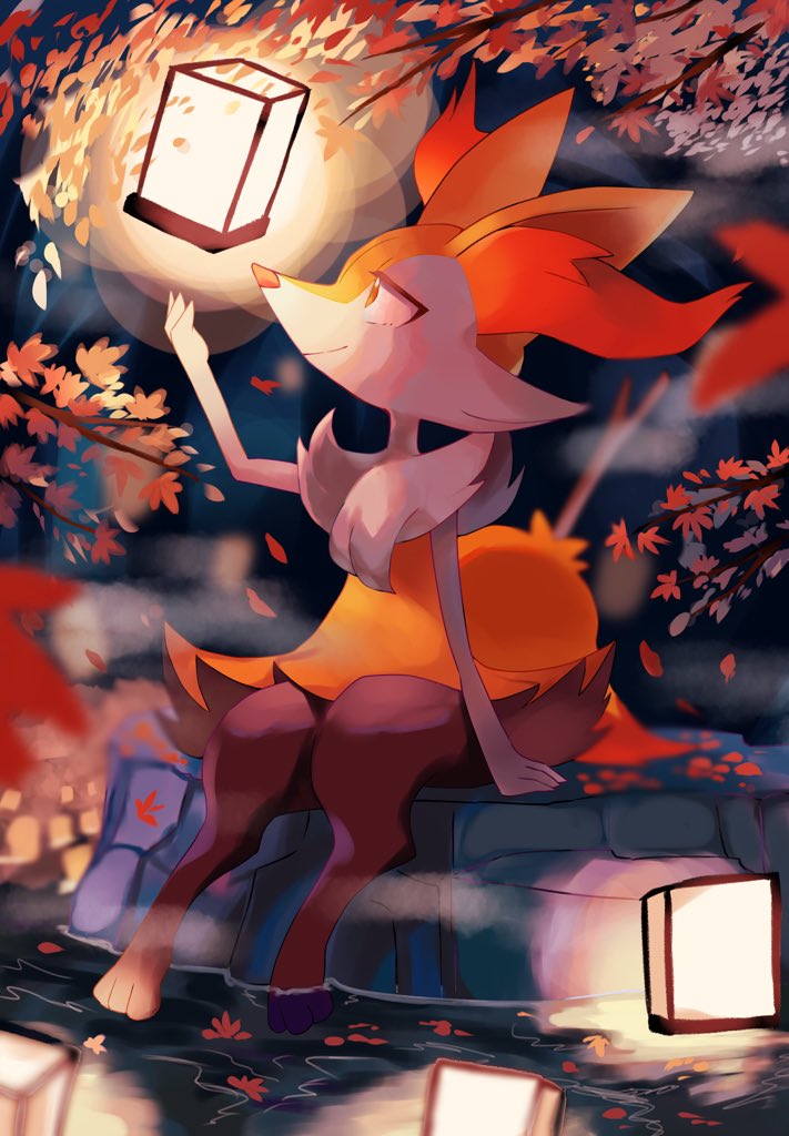 autumn_leaves, braixen, branch, closed_mouth, commentary_request, lantern, onsen, orange_fur