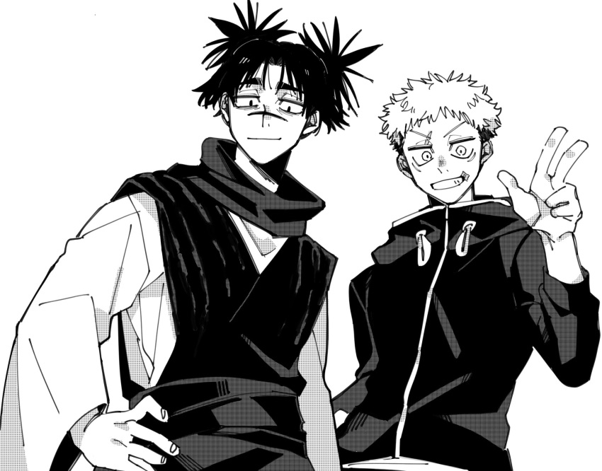 1boy, 2boys, black_hair, black_jacket, choso_(jujutsu_kaisen), facial_mark, facial_tattoo, hand_on_own_hip