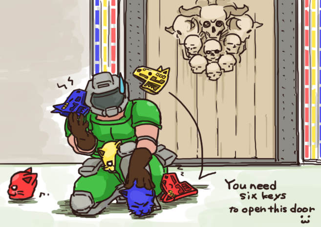 1boy, :3, armor, blue_card, cacodemon, cat, demon, demon_horns
