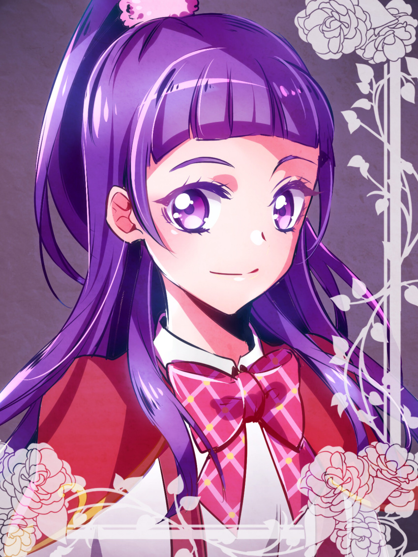 1girl, blunt_bangs, bow, bowtie, capelet, closed_mouth, grey_background, hair_ornament