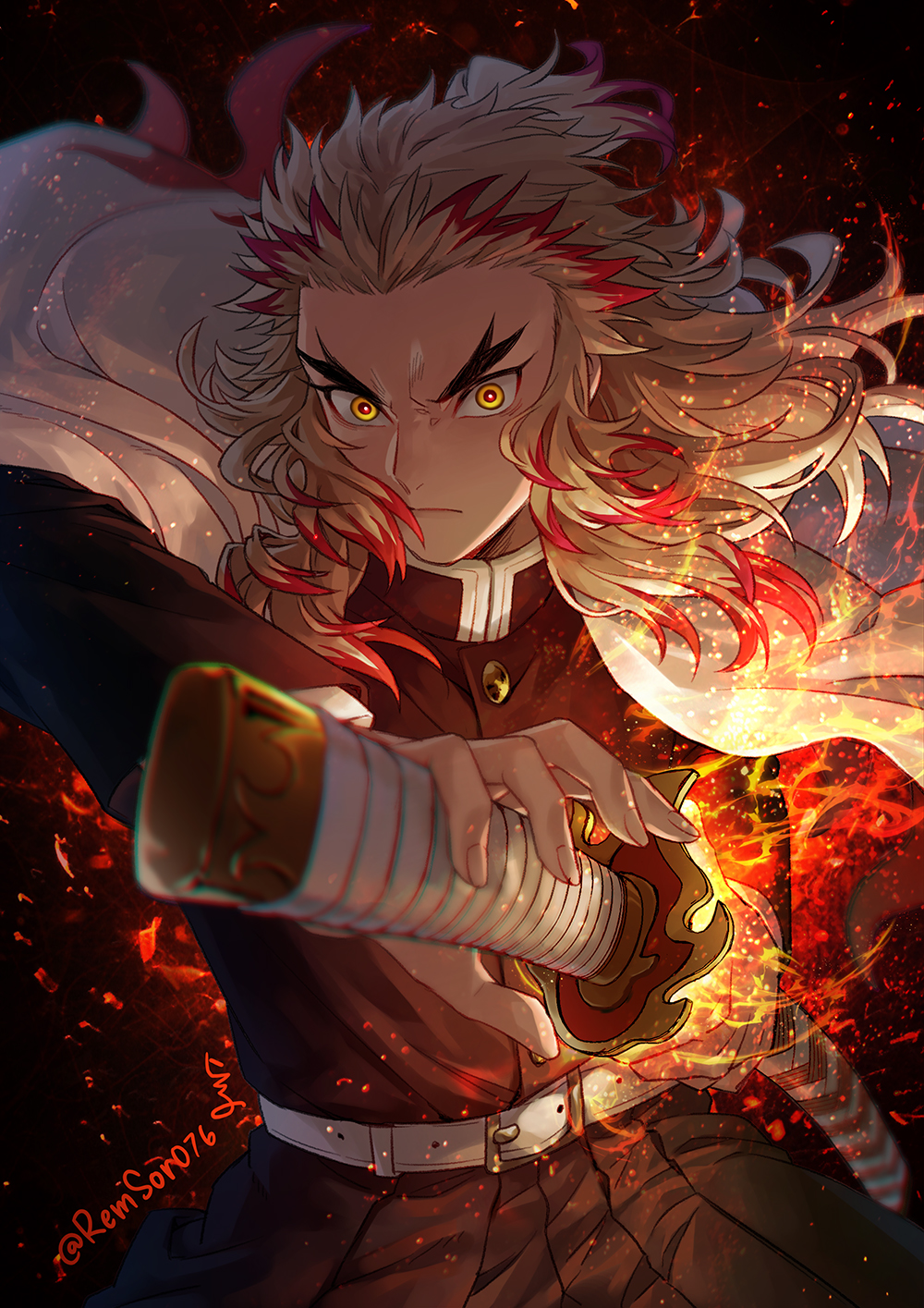 1boy, belt, belt_buckle, black_jacket, black_pants, blonde_hair, buckle, cape, closed_mouth, demon_slayer_uniform, fire, floating_hair, frown, highres, holding, holding_sheath, jacket, kimetsu_no_yaiba, looking_at_viewer, male_focus, multicolored_hair, pants, redhead, remsor076, rengoku_kyoujurou, sheath, solo, twitter_username, two-tone_hair, unsheathing, v-shaped_eyebrows, white_belt, white_cape, yellow_eyes