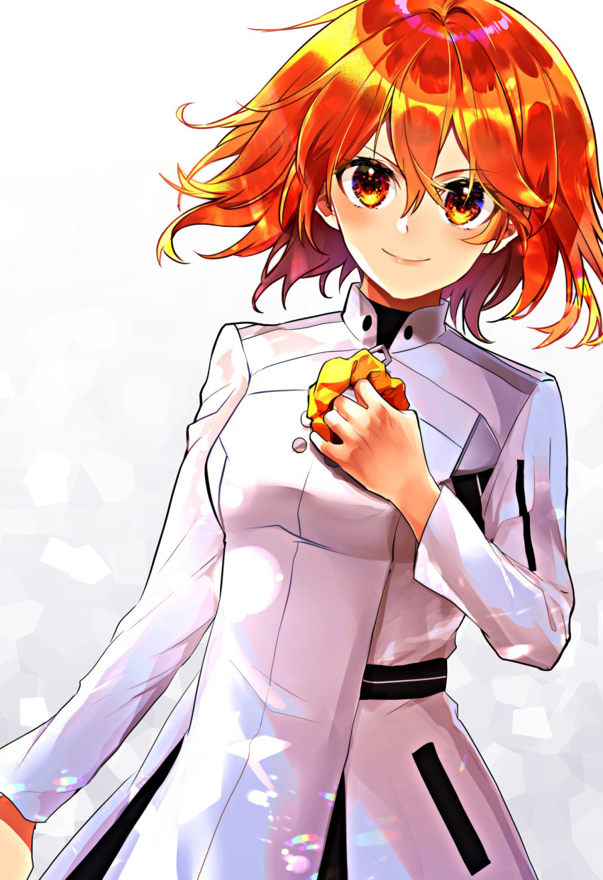 1girl, closed_mouth, fate/grand_order, fate_(series), floating_hair, fujimaru_ritsuka_(female), fujimaru_ritsuka_(female)_(decisive_battle_chaldea_uniform), gradient_background, hair_between_eyes, highres, holding, holding_scrunchie, jacket, long_hair, long_sleeves, looking_at_viewer, mitsubachi82, orange_eyes, orange_hair, orange_scrunchie, scrunchie, smile, solo, straight_hair, uniform, white_background, white_jacket