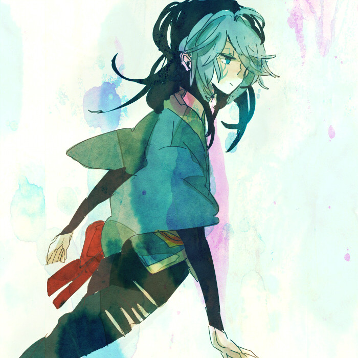 blue_eyes, chosokabe_motochika, chousokabe_motochika, hair_over_one_eye, instrument, multicolored_hair, sengoku_musou, sengoku_musou_2, solo, tarako_(artist), tarako_supa, tattoo, two-tone_hair