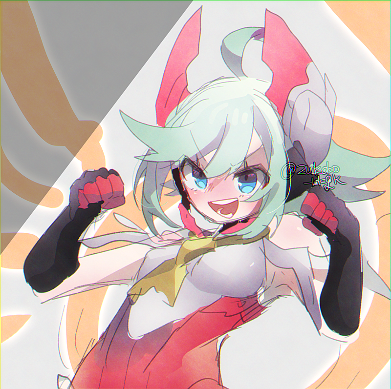 1girl, ahoge, azure_striker_gunvolt, azure_striker_gunvolt_2, blue_eyes, breasts, energy_wings, green_eyes