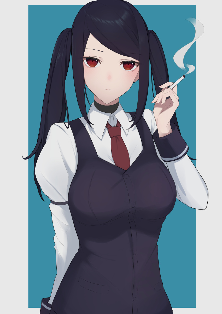 1girl, absurdres, black_vest, breasts, buttons, cigarette, closed_mouth, collared_shirt