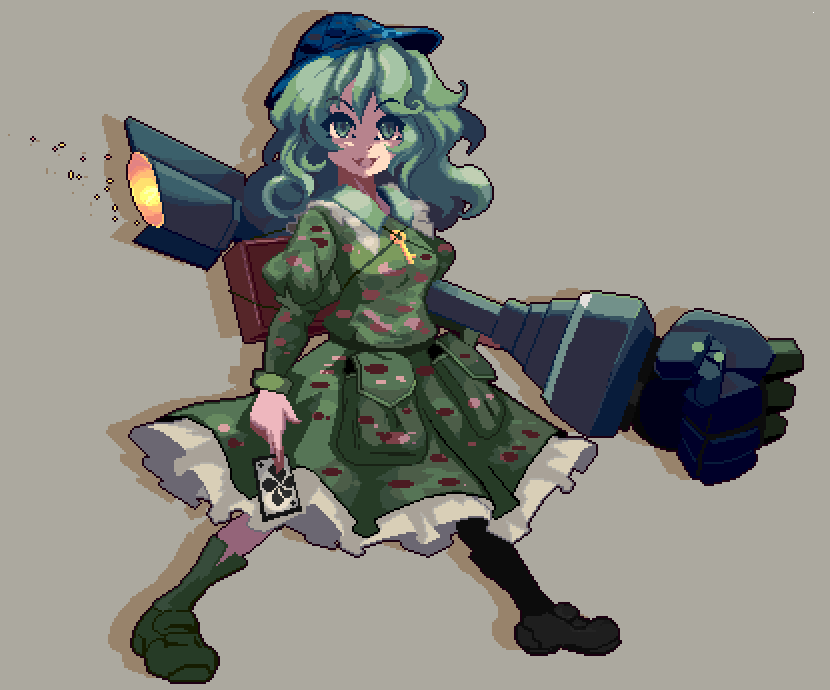 1girl, blue_headwear, box, colored_skin, commentary_request, flat_cap, full_body, green_eyes