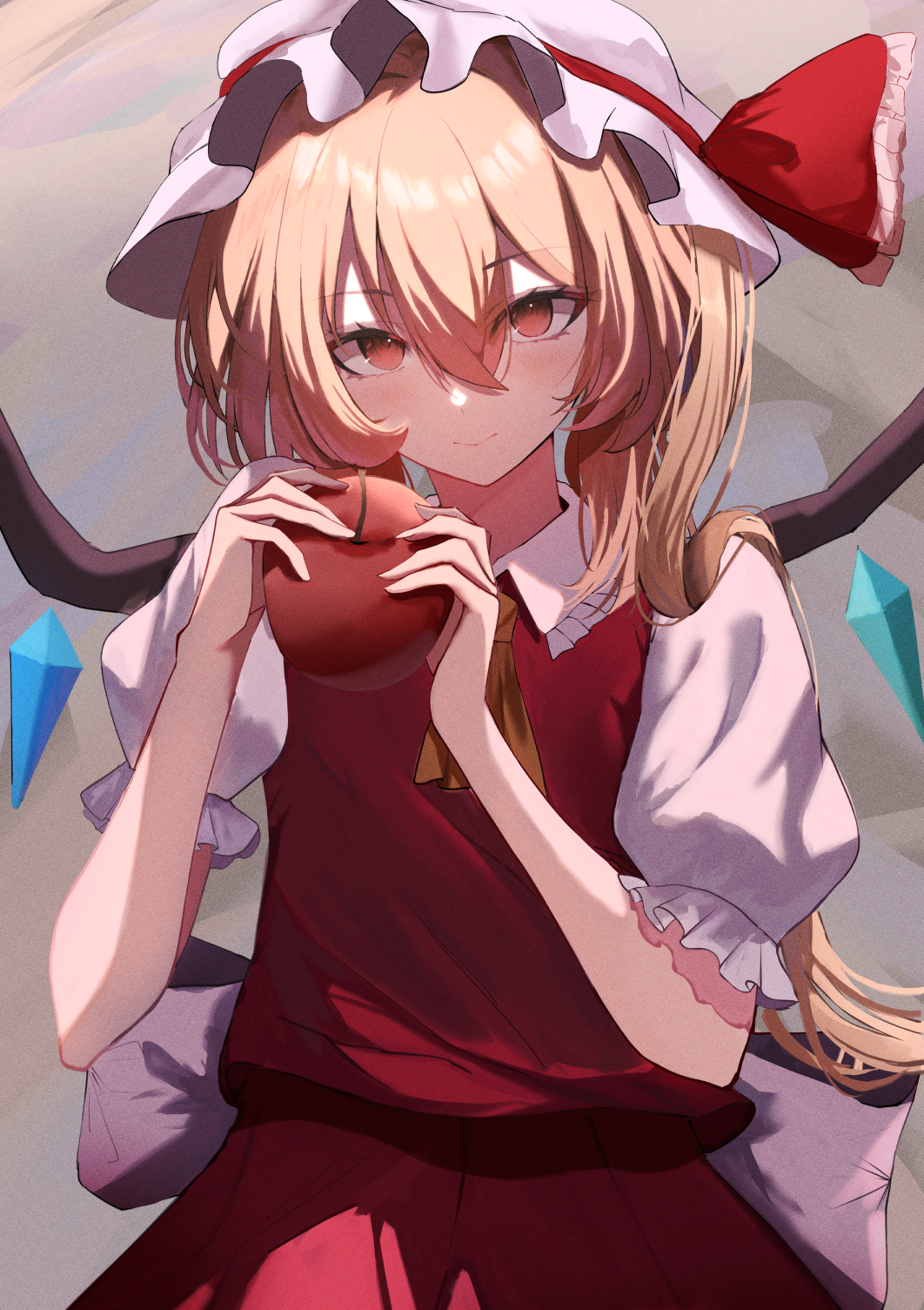 1girl, ascot, blonde_hair, cowboy_shot, crystal, dress, dutch_angle, flandre_scarlet
