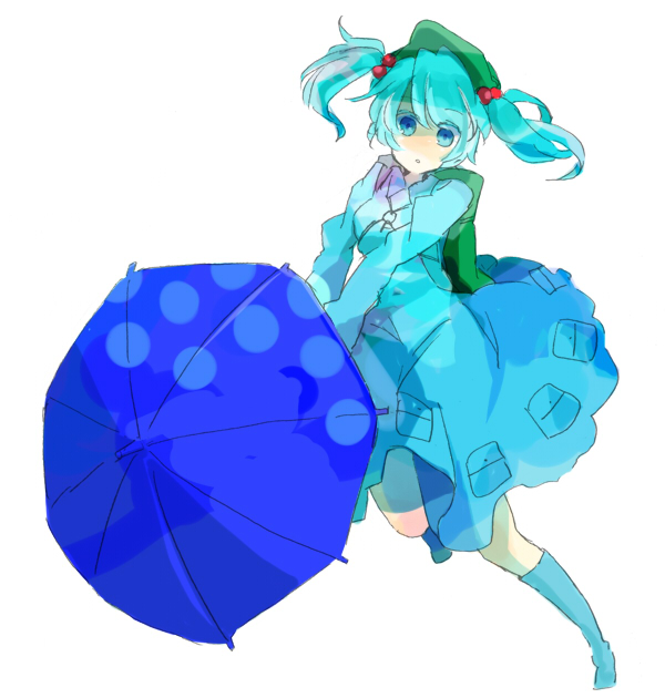 aqua_hair, blue_eyes, boots, dress, hair_bobbles, hair_ornament, hat, kawashiro_nitori, key, pocket, pockets, solo, tarako_(artist), tarako_supa, touhou, twintails, umbrella