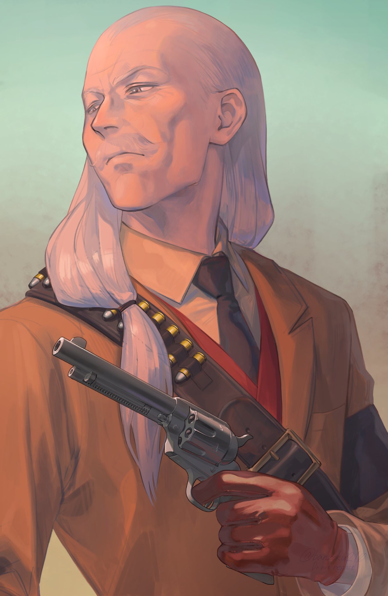 1boy, a_(user_vtsy8742), armband, bandolier, black_necktie, brown_jacket, collared_shirt, colt_single_action_army