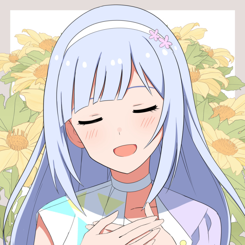 1girl, blue_hair, border, cipher:utopia_(idolmaster), closed_eyes, commentary, daisy, floral_background