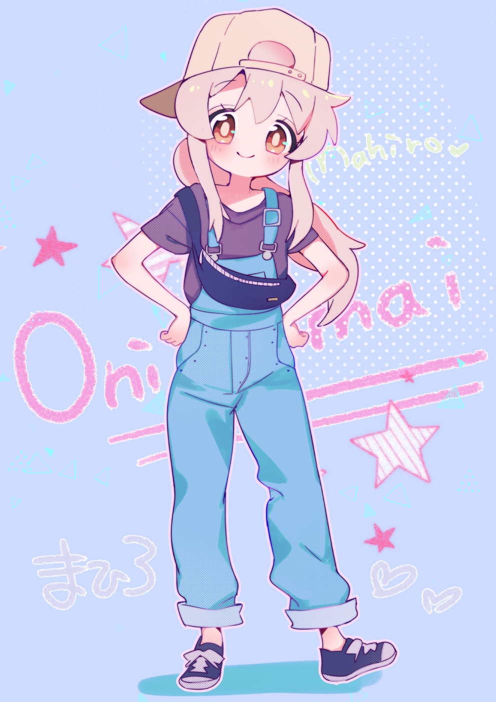 1girl, backwards_hat, bag, bare_arms, baseball_cap, black_footwear, black_shirt, blue_background, blue_overalls, brown_eyes, character_name, commentary, copyright_name, cosplay, fanny_pack, full_body, hands_on_own_hips, hat, highres, hozuki_momiji, hozuki_momiji_(cosplay), light_blush, long_hair, looking_at_viewer, low_ponytail, motituki0, onii-chan_wa_oshimai!, outline, overalls, oyama_mahiro, pink_hair, pink_outline, shirt, shoes, short_sleeves, sidelocks, simple_background, smile, solo, standing, star_(symbol), t-shirt