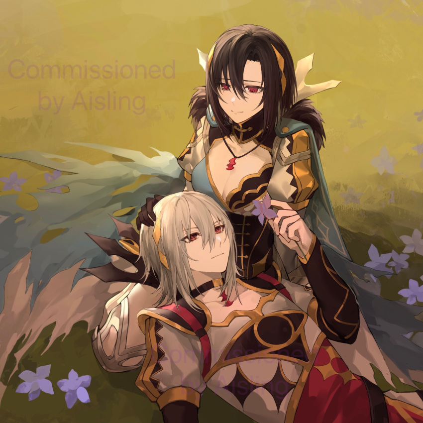 1boy, 1girl, aisling0430, asymmetrical_bangs, asymmetrical_clothes, black_gloves, black_hair, closed_mouth