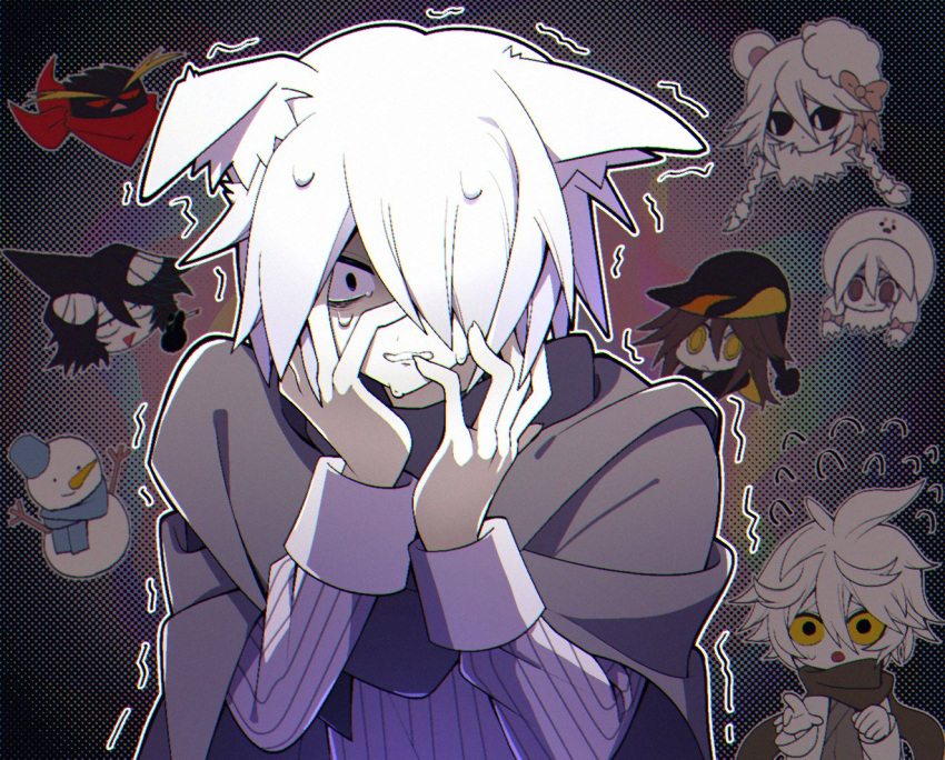 3boys, 3girls, animal_ears, animal_hat, bags_under_eyes, bear_ears, bear_girl, black_background