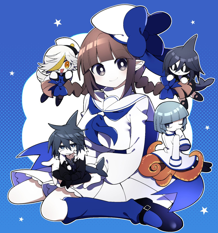 1girl, 2boys, 3girls, belt, bird_girl, bird_tail, black_eyes, black_footwear